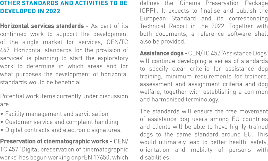 Other standards and activities to be developed in 2022 Horizontal services standards - As part of its continued work    