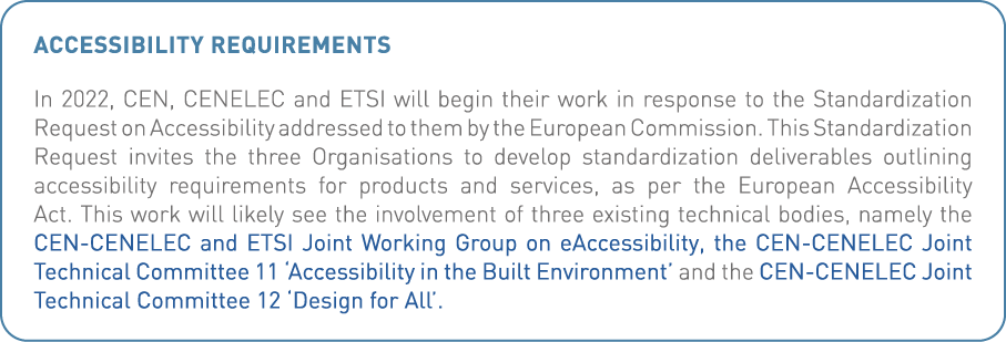 Accessibility requirements In 2022, CEN, CENELEC and ETSI will begin their work in response to the Standardization Re   
