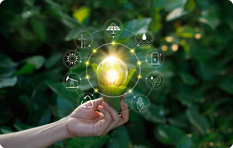 Hand holding light bulb against nature on green leaf with icons energy sources for renewable, sustainable development  Ecology concept  Elements of this image furnished by NASA  