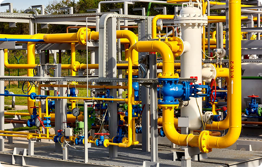 Gas industry  Pipeline and valves system at a gas production and processing plant 