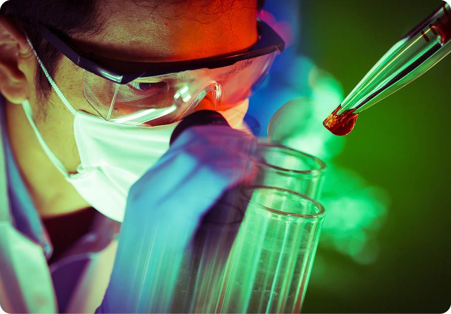 laboratory concept, scientist working merge with chemical glass ware and color process 