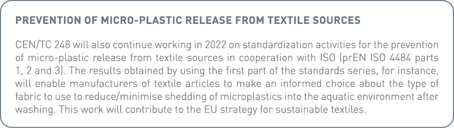 Prevention of micro-plastic release from textile sources CEN TC 248 will also continue working in 2022 on standardiza   