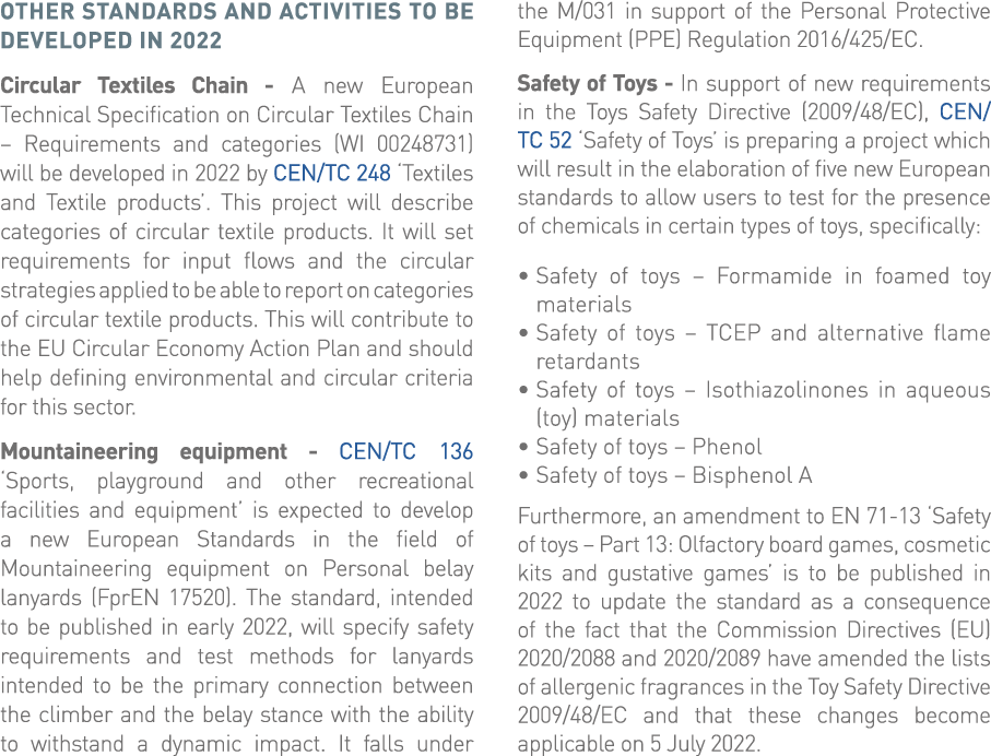 Other standards and activities to be developed in 2022 Circular Textiles Chain - A new European Technical Specificati   