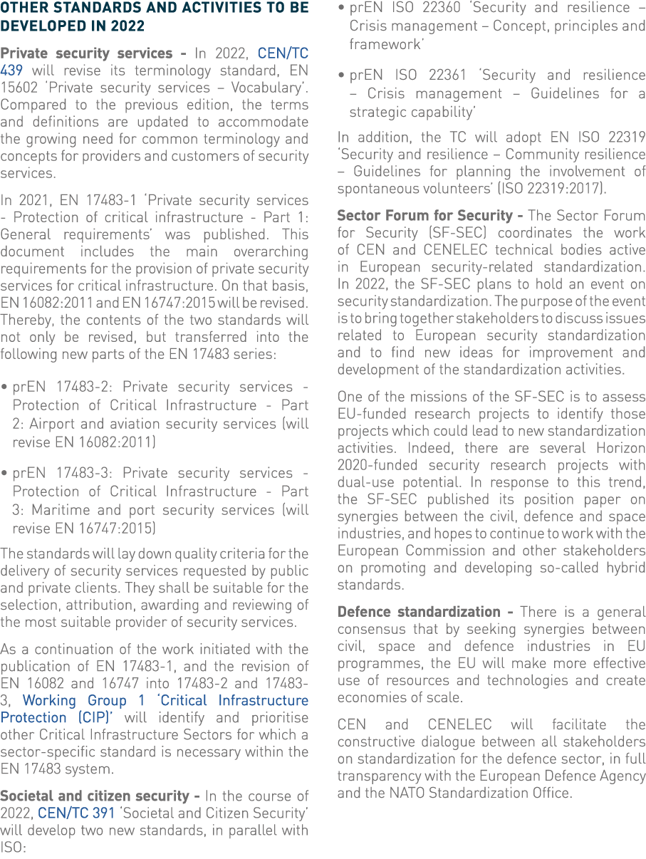 Other standards and activities to be developed in 2022 Private security services - In 2022, CEN TC 439 will revise it   