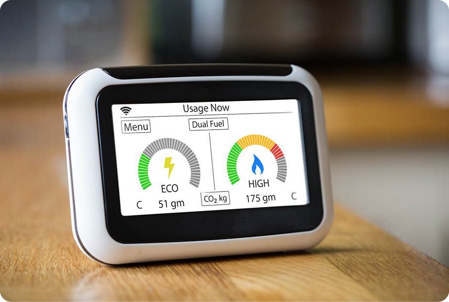 CAMBRIDGE, UK - APRIL 18, 2016: In-home display unit monitors gas and electricity usage and cost in real time via a home area network connection to smart meters - Illustrative Editorial 