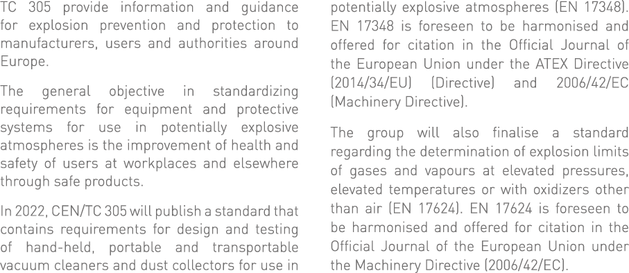TC 305 provide information and guidance for explosion prevention and protection to manufacturers, users and authoriti   