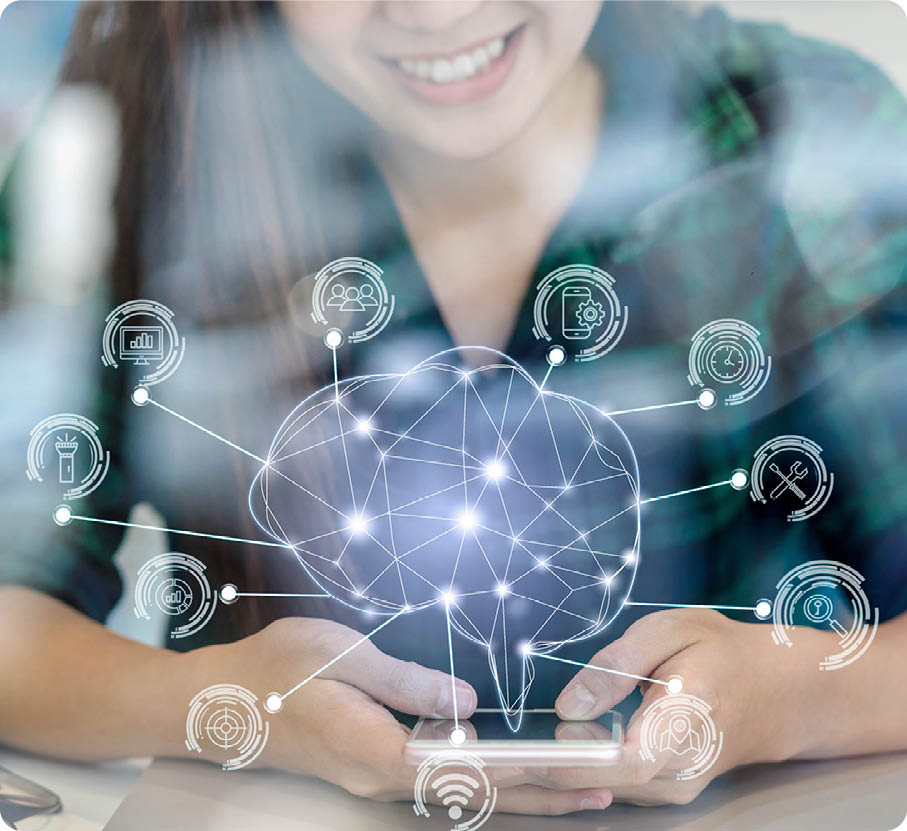 Polygonal brain shape of an artificial intelligence with various icon of smart city Internet of Things Technology over Asian businesswoman hand using the smart mobile phone,AI and business IOT concept 