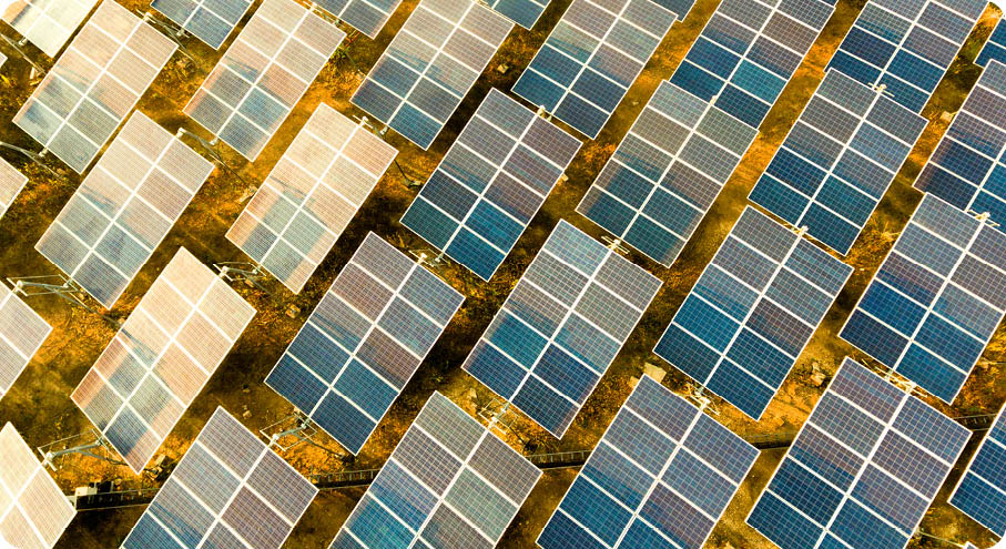 Beautiful sunset over Solar Farm with sunset on the background 