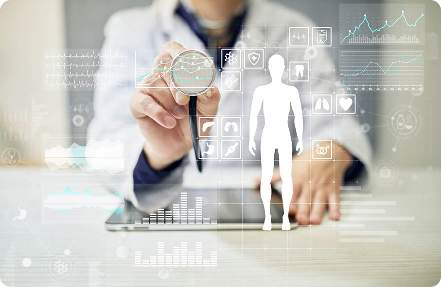 Doctor using modern computer with Medical record diagram on virtual screen concept  Health monitoring application 
