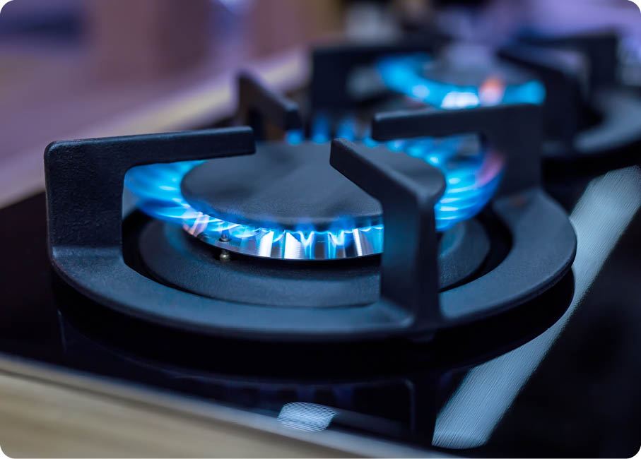 Modern kitchen stove cook with blue flames burning 